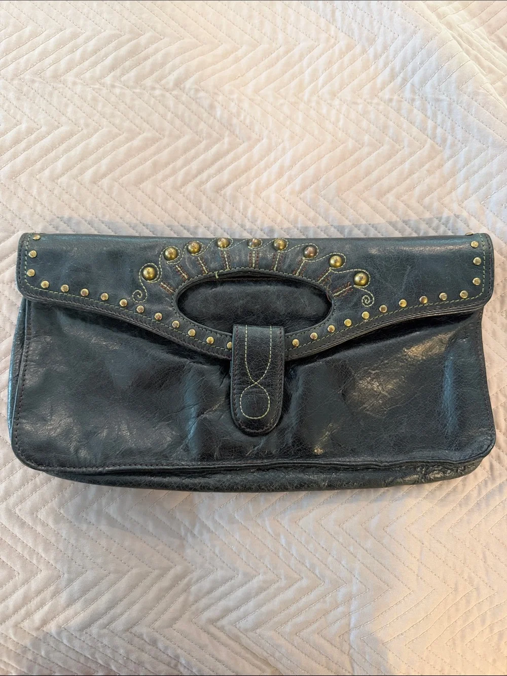 HOBO Black Leather Studded Clutch with Brass Accents